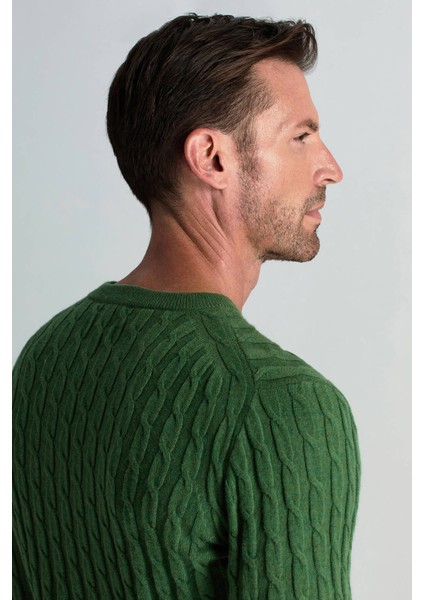 Lambswool Yün Saç Örgü Desenli Bisiklet Yaka Yeşil Kazak indirimleri