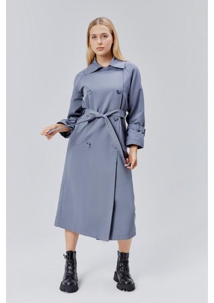 Gri Oversize Kuşaklı Trençkot