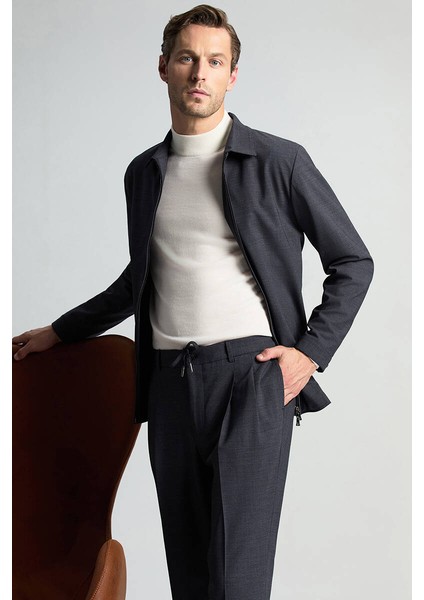 Italyan Yün Karışım Fermuar Detaylı Koyu Mavi Spor Ceket