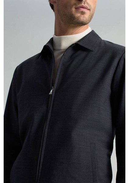 Italyan Yün Karışım Fermuar Detaylı Koyu Mavi Spor Ceket modelleri
