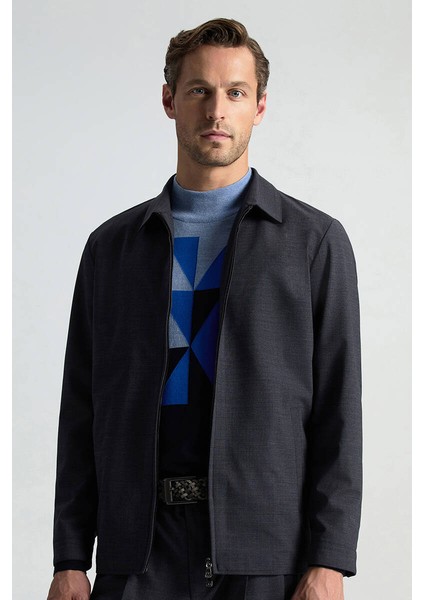 Italyan Yün Karışım Fermuar Detaylı Koyu Mavi Spor Ceket indirimleri