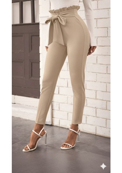 Kadın Yüksek Bel Beli Fırfırlı Önden Bağlamalı Ithal Krep Pantolon fiyatları