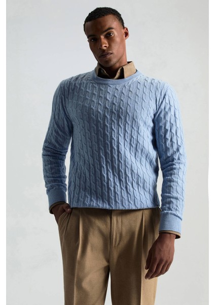 Lambswool Yün Saç Örgü Desenli Bisiklet Yaka Buz Mavisi Kazak