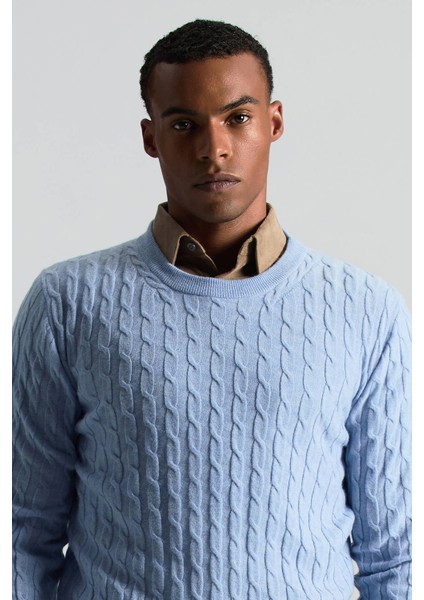 Lambswool Yün Saç Örgü Desenli Bisiklet Yaka Buz Mavisi Kazak modelleri