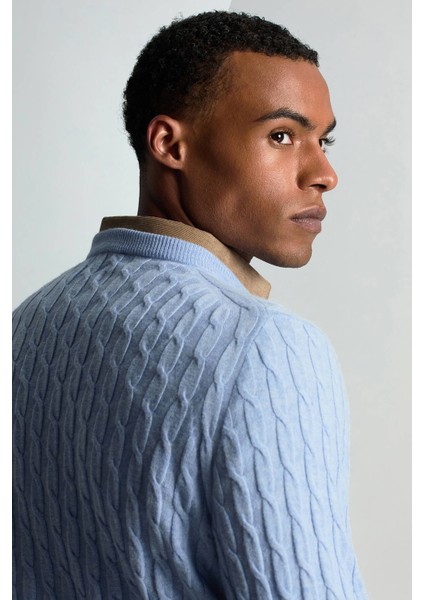 Lambswool Yün Saç Örgü Desenli Bisiklet Yaka Buz Mavisi Kazak indirimleri