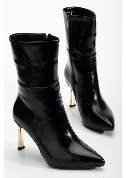 Kadın Siyah Rugan Sivri Burun Ince Topuklu Bot