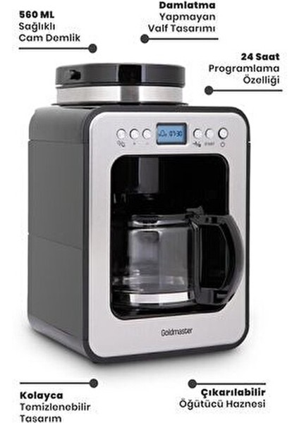 Gm-7353 Klass Öğütücülü Filtre Kahve Makinesi 12 Fincan Kapasiteyle Inox Tasarım