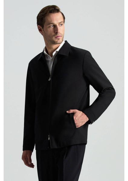 Italyan Yün Karışım Fermuar Detaylı Siyah Spor Ceket