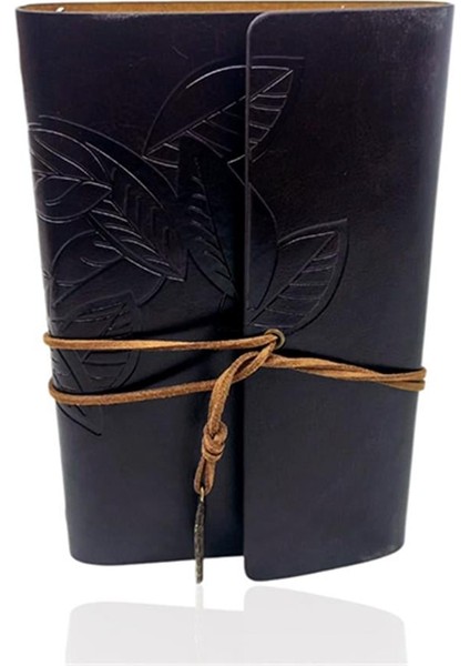 Retro Deri Defter Yaprak Tasarımlı Büyük Boy Koyu Kahverengi