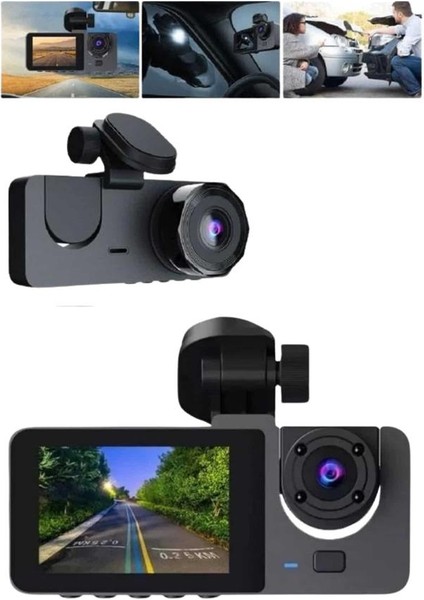 Techmrt Araç Içi Dikiz Kamerası Sürüş Kaydedici 3 Lensli Dvr Kamera