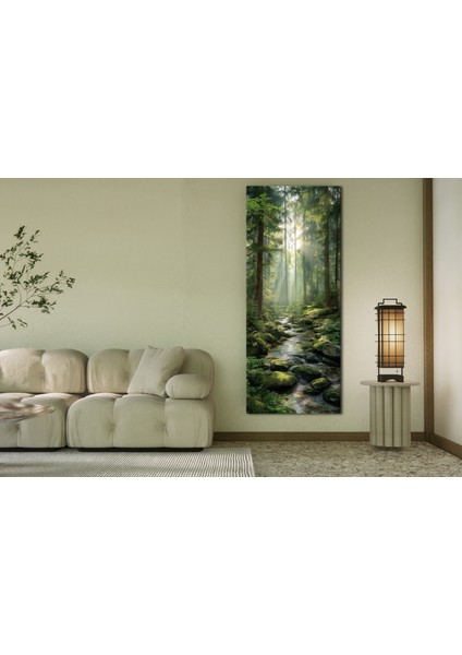 Panoramik Orman Dere Manzarası Kanvas Tablo – Dikey Yeşil Doğa Temalı Duvar Dekoru fiyatları