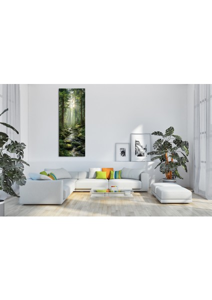 Panoramik Orman Dere Manzarası Kanvas Tablo – Dikey Yeşil Doğa Temalı Duvar Dekoru modelleri