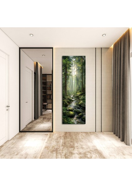 Panoramik Orman Dere Manzarası Kanvas Tablo – Dikey Yeşil Doğa Temalı Duvar Dekoru fırsatları