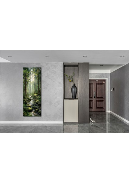 Panoramik Orman Dere Manzarası Kanvas Tablo – Dikey Yeşil Doğa Temalı Duvar Dekoru