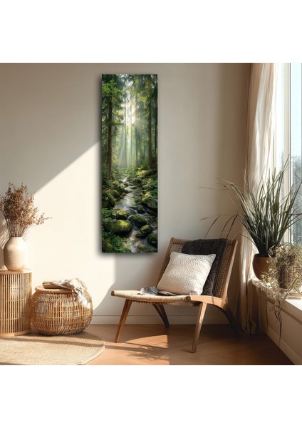 Panoramik Orman Dere Manzarası Kanvas Tablo – Dikey Yeşil Doğa Temalı Duvar Dekoru