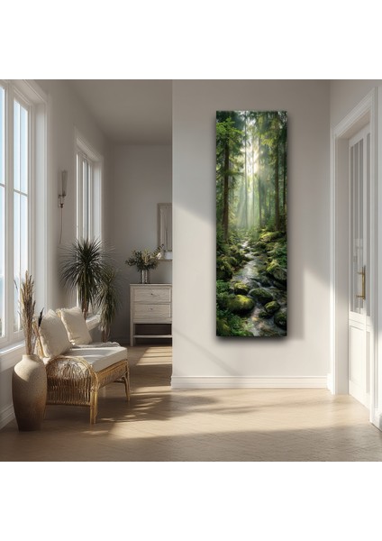 Panoramik Orman Dere Manzarası Kanvas Tablo – Dikey Yeşil Doğa Temalı Duvar Dekoru