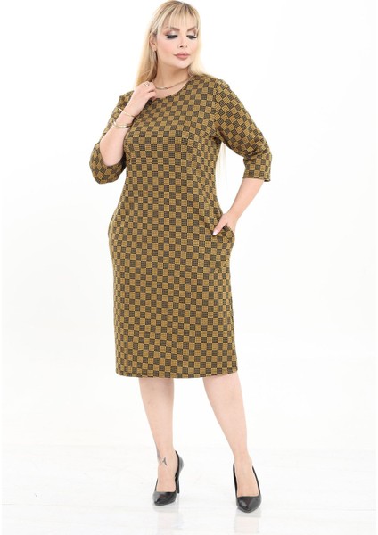 Çift Cepli Desenli Esnek Kışlık Büyük Beden Midi Elbise 18E-2729