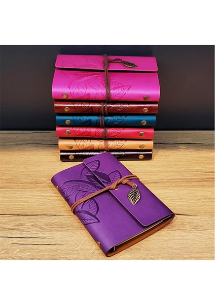 Retro Deri Defter Yaprak Tasarımlı Küçük Boy Kırmızı