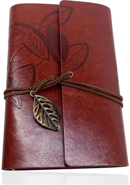 Retro Deri Defter Yaprak Tasarımlı Büyük Boy Kahverengi