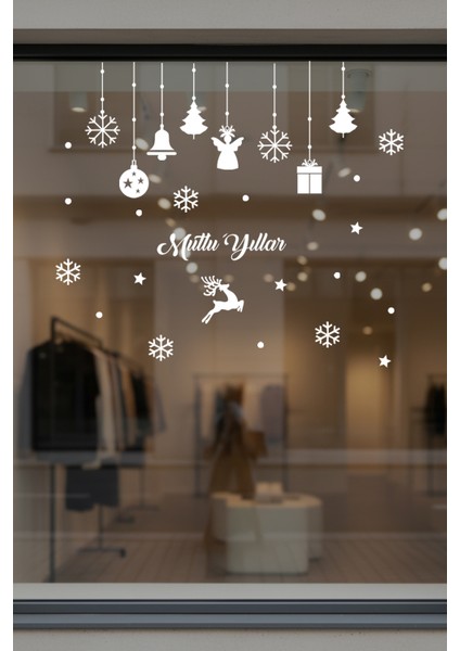 Mutlu Yıllar Yazısı Kar Taneleri ve Kutular Balonlar Vitrin Stickerları Yılbaşı Sticker modelleri