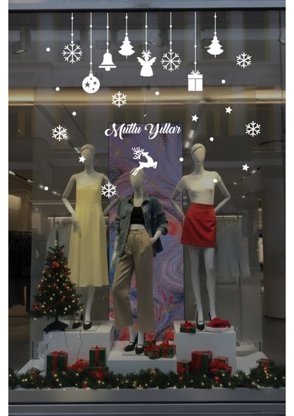 Mutlu Yıllar Yazısı Kar Taneleri ve Kutular Balonlar Vitrin Stickerları Yılbaşı Sticker indirimleri