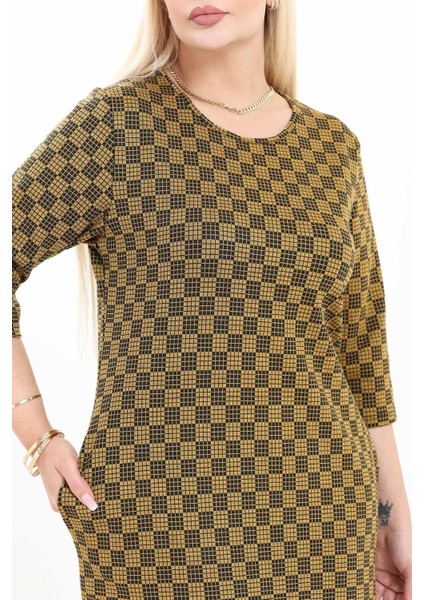 Çift Cepli Desenli Esnek Kışlık Büyük Beden Midi Elbise 18E-2729 modelleri