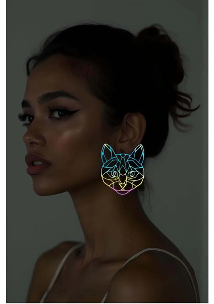 Rainbow Reflektörlü Soyut Kedi Yüzü Küpe, Şık Lazer Kesim Küpe - APBJ017