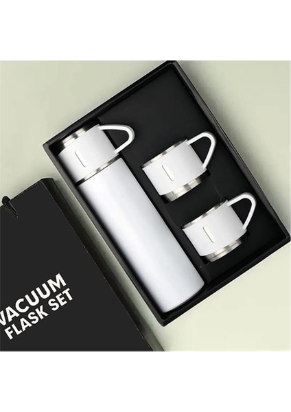 Kişiselleştirilebilir 3 Bardaklı Çelik Termos 05 Lt Beyaz