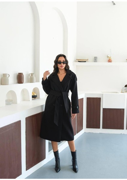 Kuşaklı Cepli Diz Boyu Uzun Kaşe Kışlık Kadın Kaban