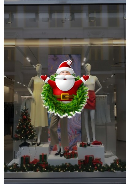 Ellerini Yeni Yıla Açmış Noel Baba Yılbaşı Süslemesi Cam Duvar Vitrin Stickerı Yılbaşı Süsü 43X50CM