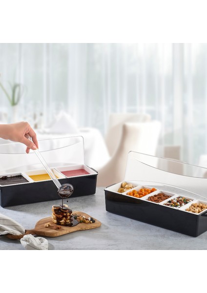 Şık Siyah Kapaklı Sunumluk, 3, 4, 5, 6 Bölmeli Servislik - Plastik Mutfak Saklama Kabı - Gıda Saklama Kutusu Set