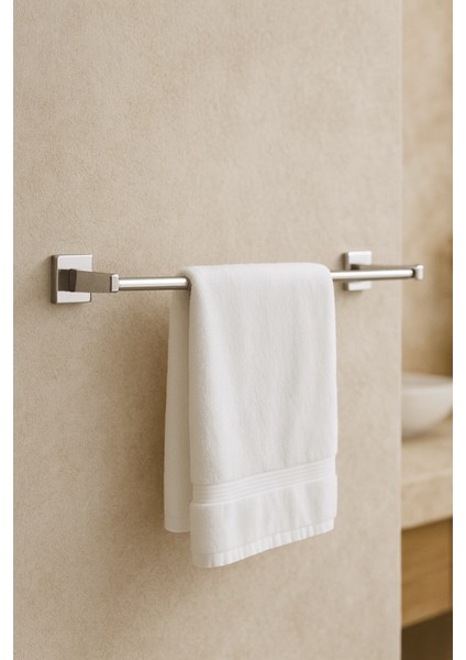 Krom Yapışkanlı Uzun Havluluk – Kare Topuzlu Metal Banyo Havlu Askısı, Dayanıklı & Şık - (101-K) - Ktk