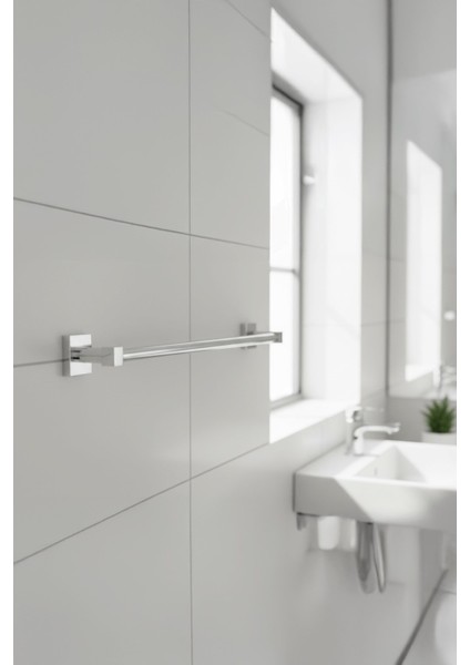 Krom Yapışkanlı Uzun Havluluk – Kare Topuzlu Metal Banyo Havlu Askısı, Dayanıklı & Şık - (101-K) - Ktk indirimleri