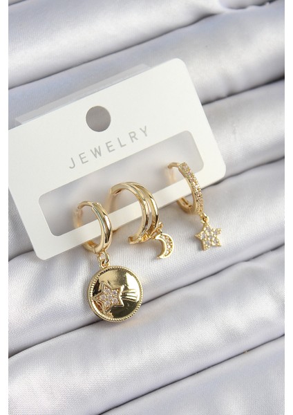 Pirinç Zirkon Taşlı Yıldız ve Ay Model Gold Renk 3'lü Çift Kadın Küpe Set - TJ-BKP10833 modelleri