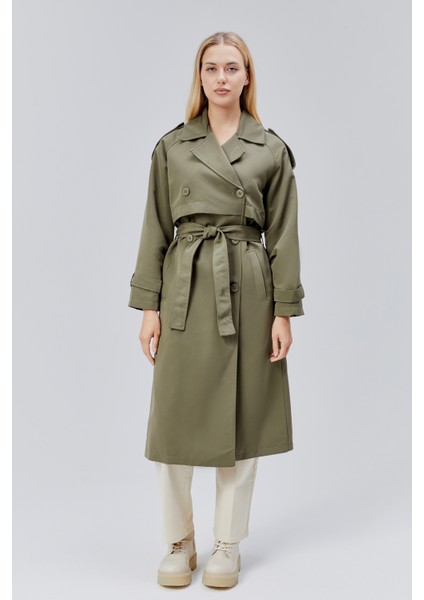 Koyu Haki Kruvaze Kapama Rüzgarlık Detaylı Trençkot