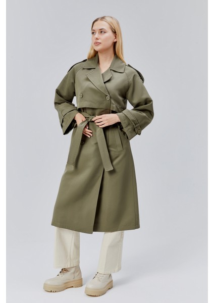 Koyu Haki Kruvaze Kapama Rüzgarlık Detaylı Trençkot fiyatları