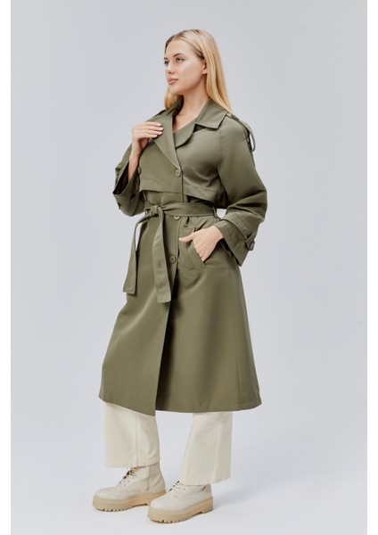 Koyu Haki Kruvaze Kapama Rüzgarlık Detaylı Trençkot modelleri