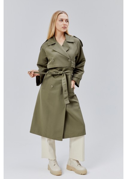 Koyu Haki Kruvaze Kapama Rüzgarlık Detaylı Trençkot fırsatları