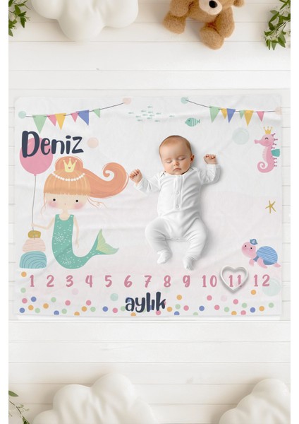 %100 Pamuk Isme Özel Bebek Fotoğraf Çekim Anı Örtüsü (120X100 Cm) Denizkızı