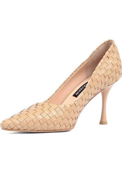 Kadın Ten Örgü Ince Topuklu Deri Klasik Ayakkabı fırsatları