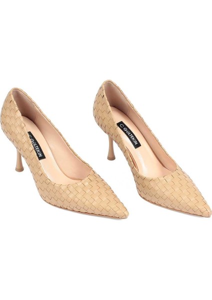 Kadın Ten Örgü Ince Topuklu Deri Klasik Ayakkabı
