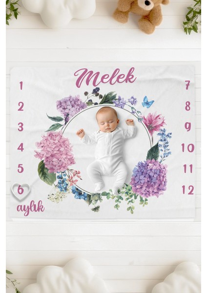 %100 Pamuk Isme Özel Bebek Fotoğraf Çekim Anı Örtüsü (120X100 Cm) Ortanca Çiçeği