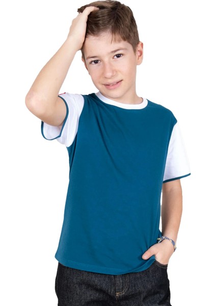 Organik Beyaz Kollu Yeşil Basic Erkek Çocuk Tshirt