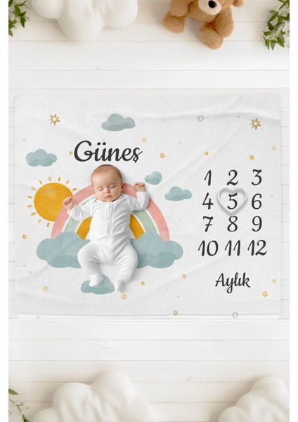 %100 Pamuk Isme Özel Bebek Fotoğraf Çekim Anı Örtüsü (120X100 Cm) Güneş ve Gökkuşağı