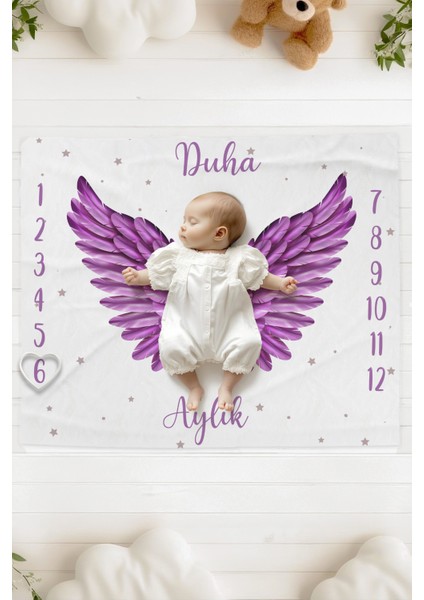 %100 Pamuk Isme Özel Bebek Fotoğraf Çekim Anı Örtüsü (120X100 Cm) Mor Kanat