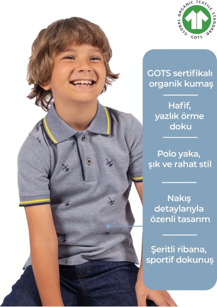 Organik Nakışlı Mavi Yazlık Erkek Çocuk Tshirt