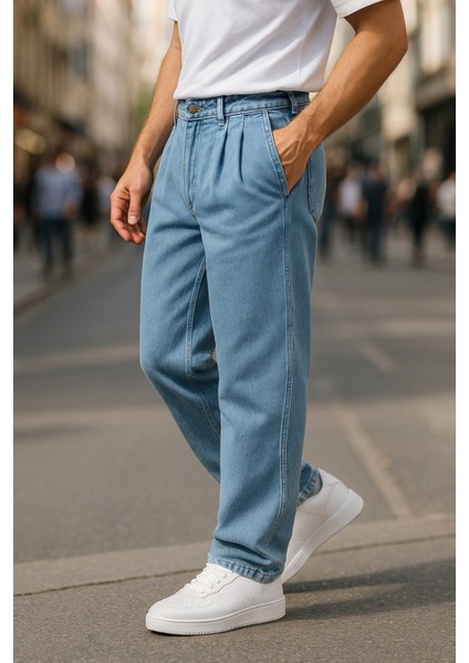 Erkek Pileli Yüksek Bel Bol Kesim Baggy Loose Fit Jean PANTOLON-C354