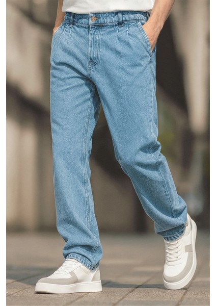Erkek Pileli Yüksek Bel Bol Kesim Baggy Loose Fit Jean PANTOLON-C354