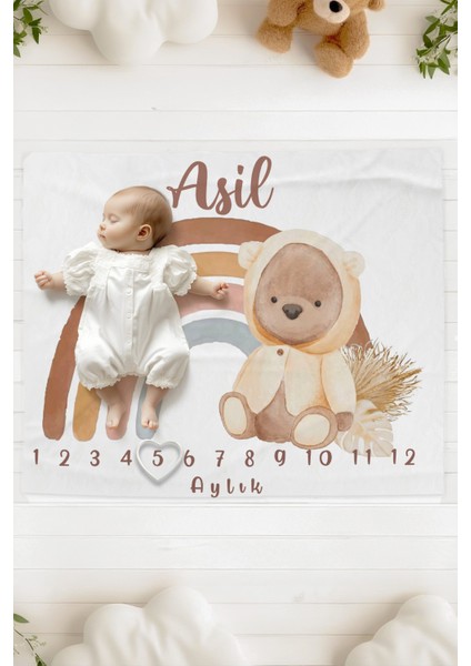 %100 Pamuk Isme Özel Bebek Fotoğraf Çekim Anı Örtüsü (120X100 Cm) Pijamalı Ayıcık