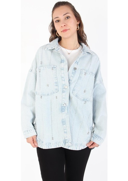 379 Çift Cep Damla Taşlı Kot Gömlek